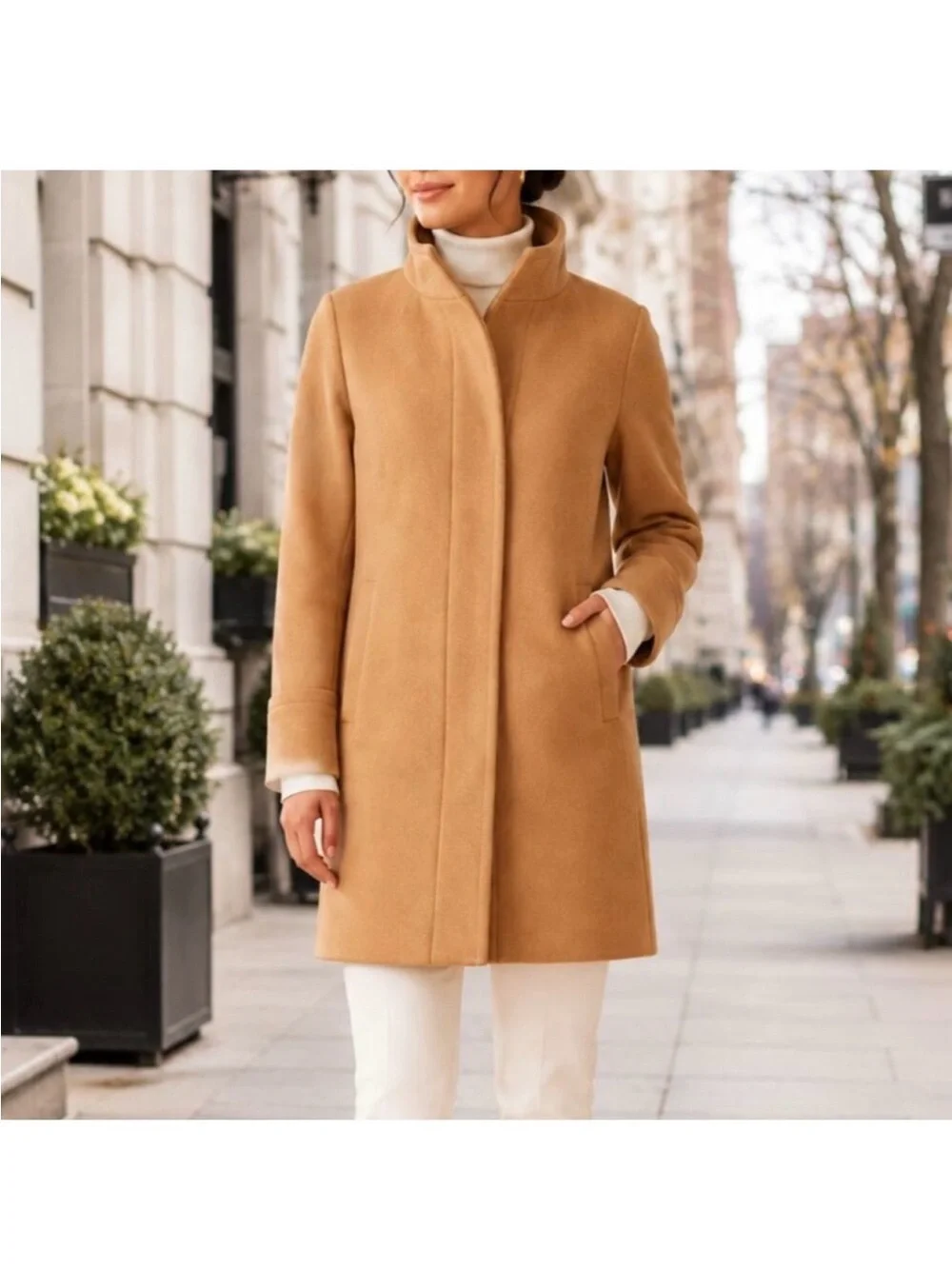 J. Crew Camel Wool-Blend Stand Collar Pea Coat